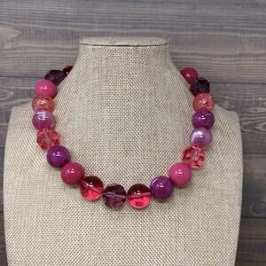 Vintage Signed Monet Hot Pink Raspberry Marble Beaded Choker Necklace